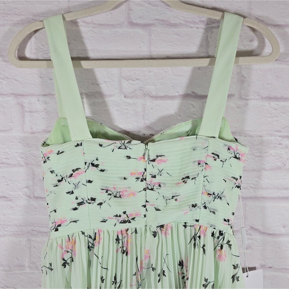 MS Self-Portrait Green Floral Pleat Mini Dress Women Size 2 NWT Sweetheart Cute - Picture 7 of 15